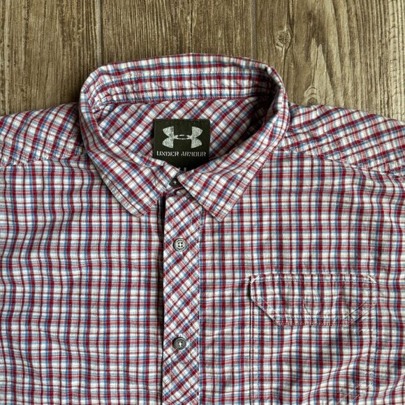 Under Armour Mens‎ XL Plaid Button Up Short Sleeve Shirt Cotton Blend Red Blue - Picture 6 of 7
